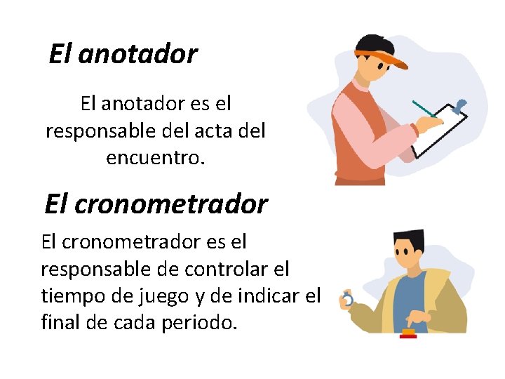 El anotador es el responsable del acta del encuentro. El cronometrador es el responsable