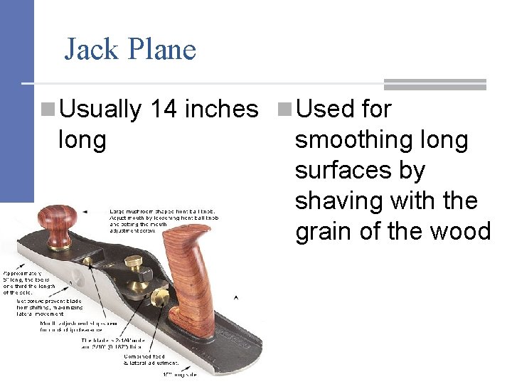 Jack Plane n Usually 14 inches n Used for long (Pictures Courtesy, Interstate Publishers,