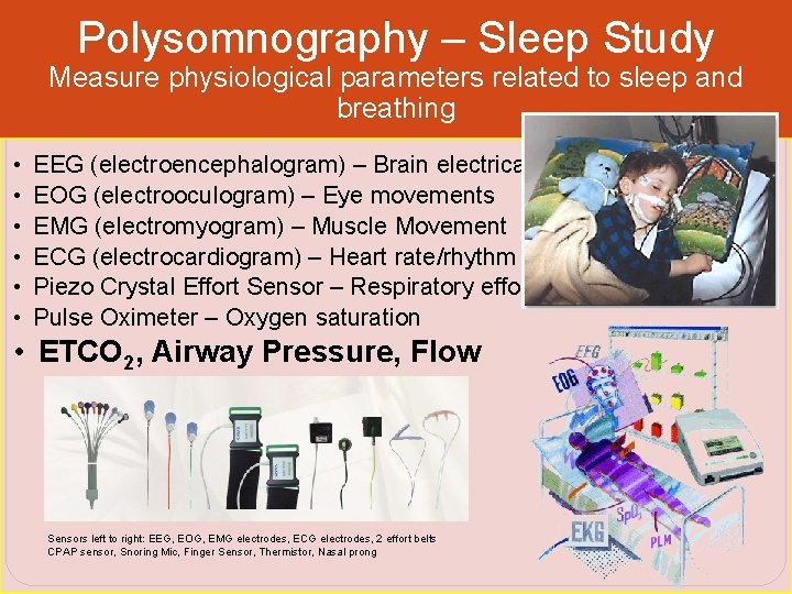 Polysomnography – Sleep Study Measure physiological parameters related to sleep and breathing • •
