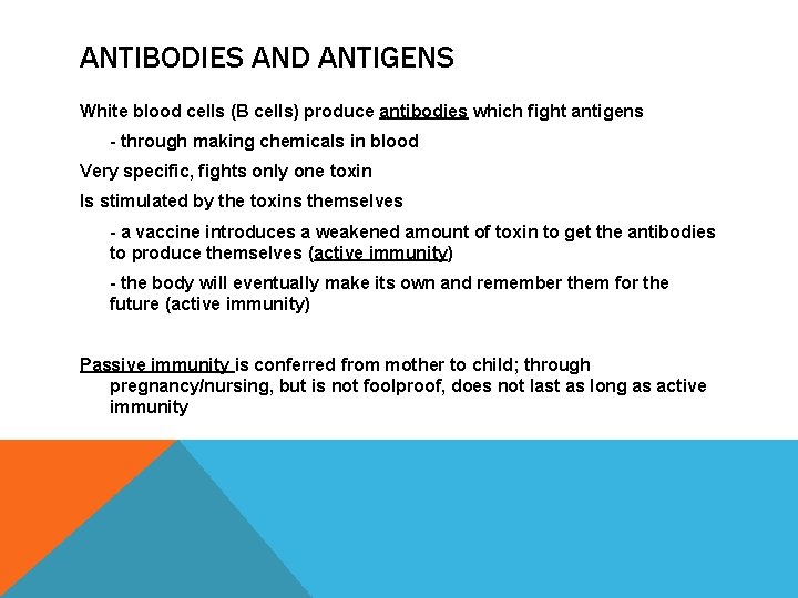 ANTIBODIES AND ANTIGENS White blood cells (B cells) produce antibodies which fight antigens -