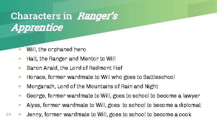 Characters in Ranger’s Apprentice 14 ▰ Will, the orphaned hero ▰ Halt, the Ranger