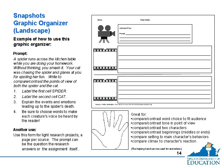 Snapshots Graphic Organizer (Landscape) Example of how to use this graphic organizer: Prompt: A