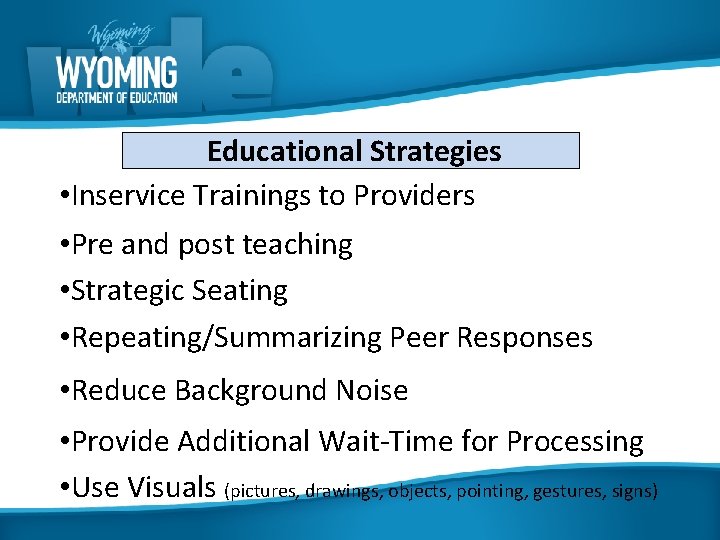 Educational Strategies • Inservice Trainings to Providers • Pre and post teaching • Strategic