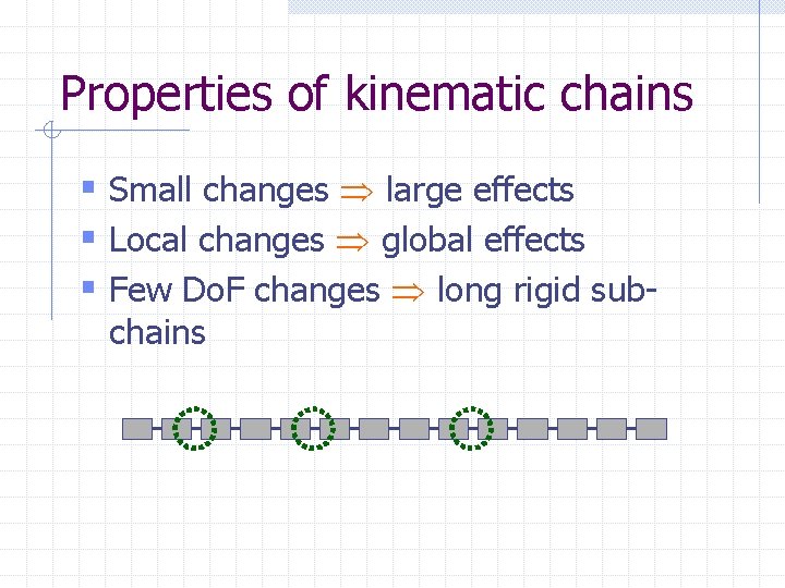 Properties of kinematic chains § Small changes large effects § Local changes global effects