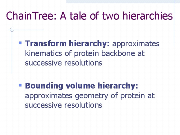 Chain. Tree: A tale of two hierarchies § Transform hierarchy: approximates kinematics of protein