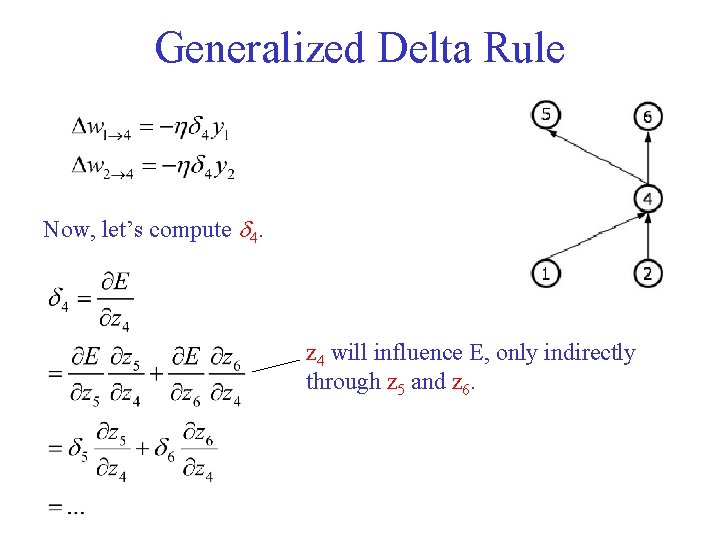 Generalized Delta Rule Now, let’s compute 4. z 4 will influence E, only indirectly