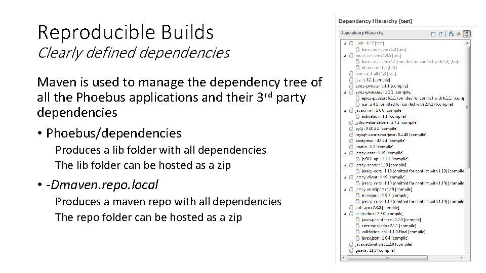 Reproducible Builds Clearly defined dependencies Maven is used to manage the dependency tree of