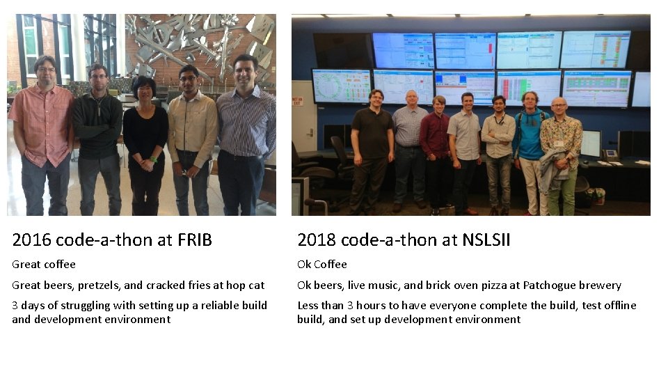 2016 code-a-thon at FRIB 2018 code-a-thon at NSLSII Great coffee Ok Coffee Great beers,