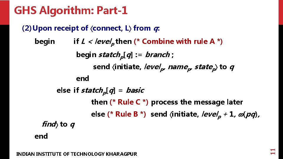 GHS Algorithm: Part-1 (2) Upon receipt of connect, L from q: begin if L