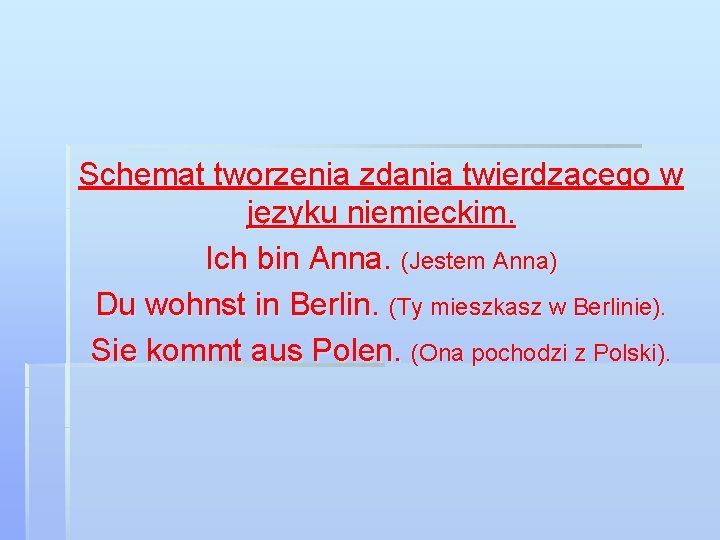 Schemat tworzenia zdania twierdzącego w języku niemieckim. Ich bin Anna. (Jestem Anna) Du wohnst