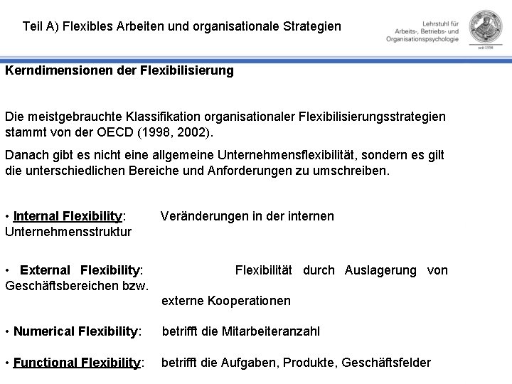 Teil A) Flexibles Arbeiten und organisationale Strategien Kerndimensionen der Flexibilisierung Die meistgebrauchte Klassifikation organisationaler