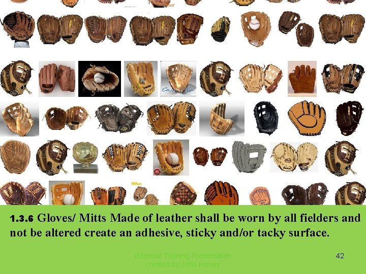 Gloves/ Mitts Made of leather shall be worn by all fielders and not be