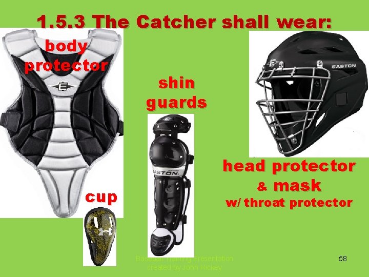 1. 5. 3 The Catcher shall wear: body protector cup shin guards head protector