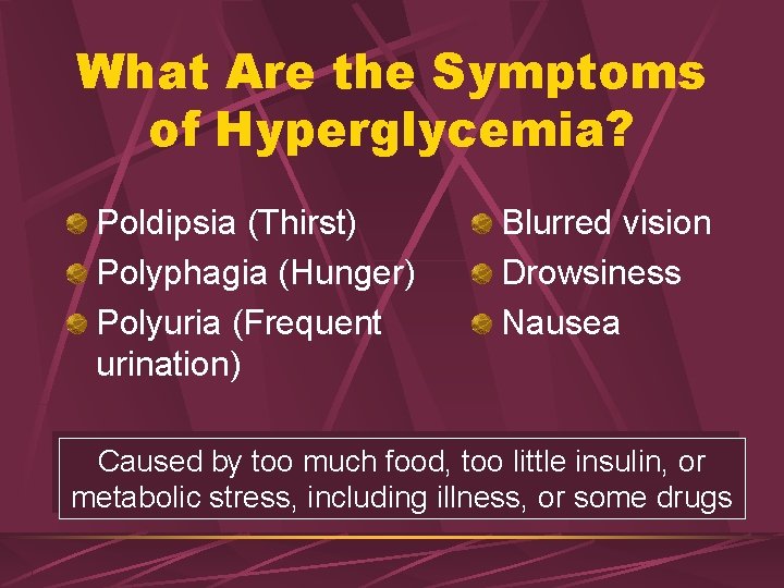 What Are the Symptoms of Hyperglycemia? Poldipsia (Thirst) Polyphagia (Hunger) Polyuria (Frequent urination) Blurred