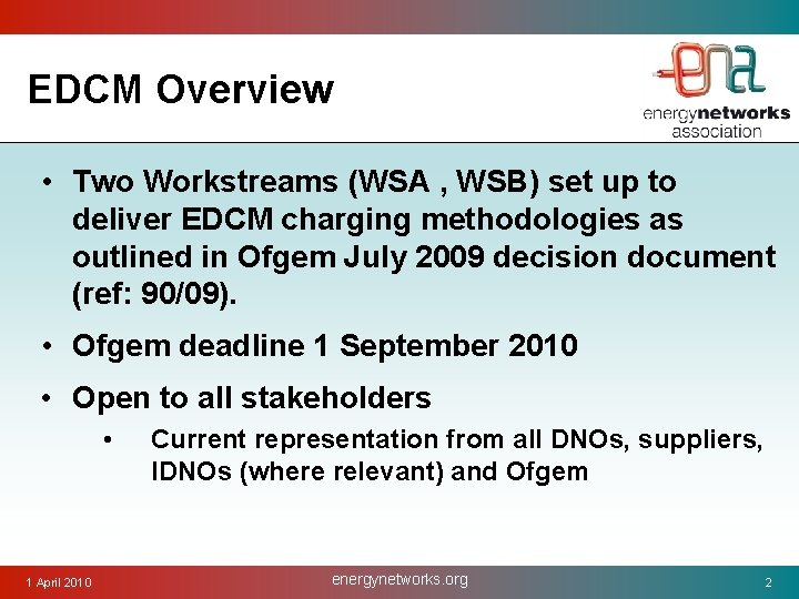 EDCM Overview • Two Workstreams (WSA , WSB) set up to deliver EDCM charging