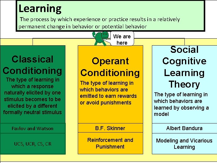 Learning The process by which experience or practice results in a relatively permanent change