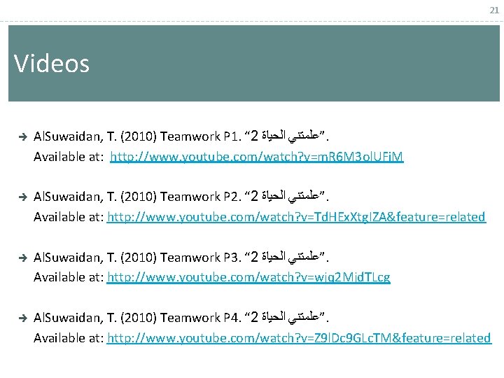 21 Videos Al. Suwaidan, T. (2010) Teamwork P 1. “ 2 ”ﻋﻠﻤﺘﻨﻲ ﺍﻟﺤﻴﺎﺓ. Available