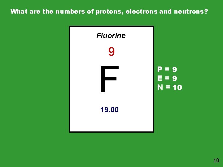 What are the numbers of protons, electrons and neutrons? Fluorine 9 F P=9 E=9