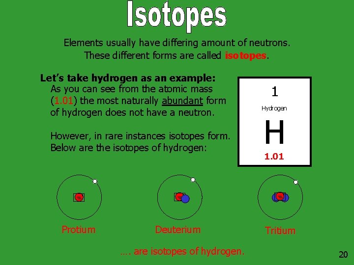 Elements usually have differing amount of neutrons. These different forms are called isotopes. Let’s