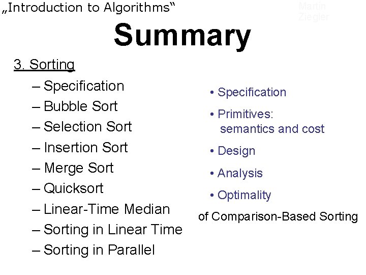 „Introduction to Algorithms“ Summary 3. Sorting – Specification – Bubble Sort – Selection Sort