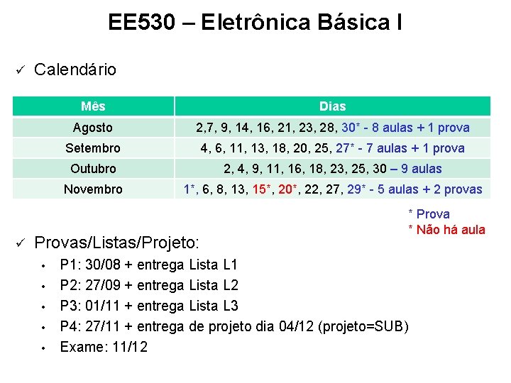 EE 530 – Eletrônica Básica I ü ü Calendário Mês Dias Agosto 2, 7,