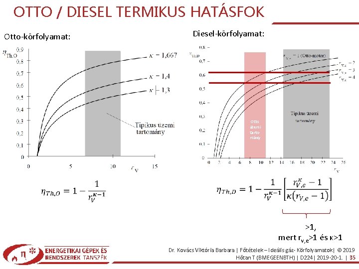 OTTO / DIESEL TERMIKUS HATÁSFOK Otto-körfolyamat: Diesel-körfolyamat: Otto üzemi tartomány >1, mert rv, e>1