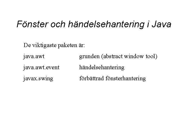 Fönster och händelsehantering i Java De viktigaste paketen är: java. awt grunden (abstract window