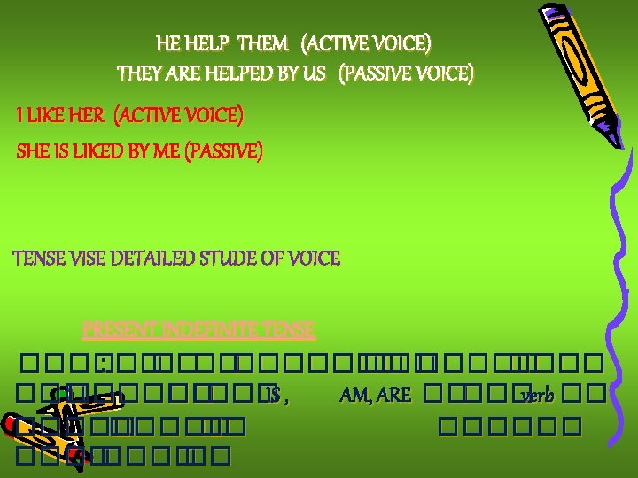 HE HELP THEM (ACTIVE VOICE) THEY ARE HELPED BY US (PASSIVE VOICE) I LIKE