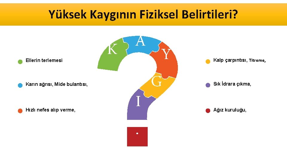 Yüksek Kaygının Fiziksel Belirtileri? Ellerin terlemesi Karın ağrısı, Mide bulantısı, Hızlı nefes alıp verme,