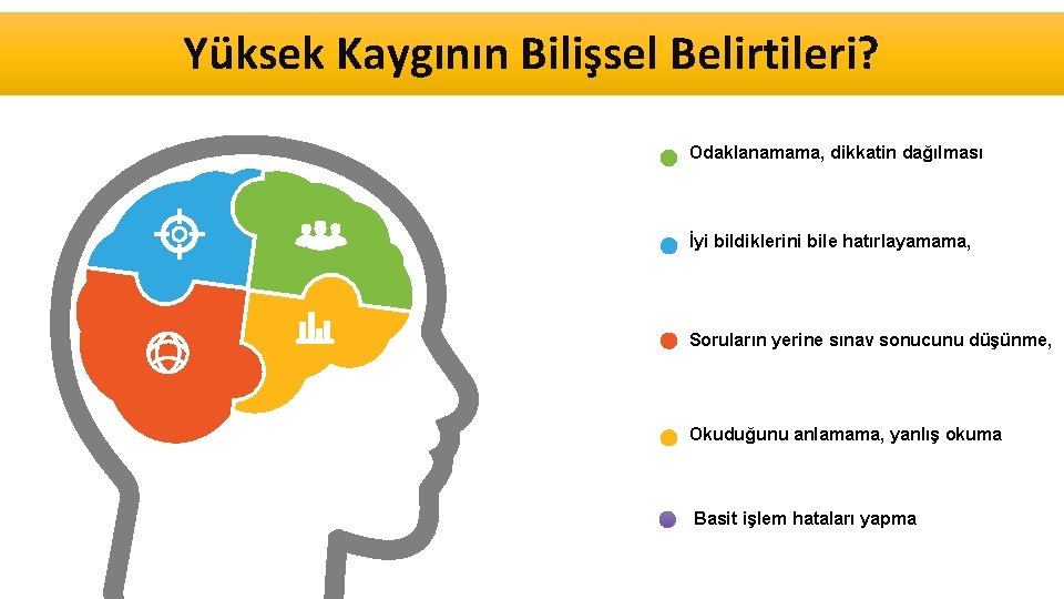 Yüksek Kaygının Bilişsel Belirtileri? Odaklanamama, dikkatin dağılması İyi bildiklerini bile hatırlayamama, Soruların yerine sınav