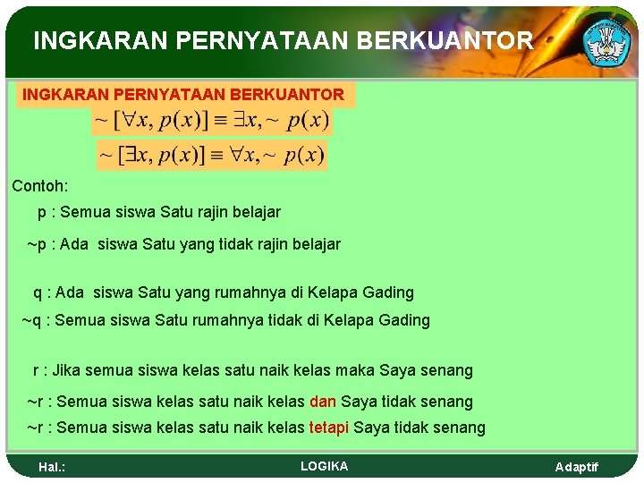 INGKARAN PERNYATAAN BERKUANTOR Contoh: p : Semua siswa Satu rajin belajar ~p : Ada