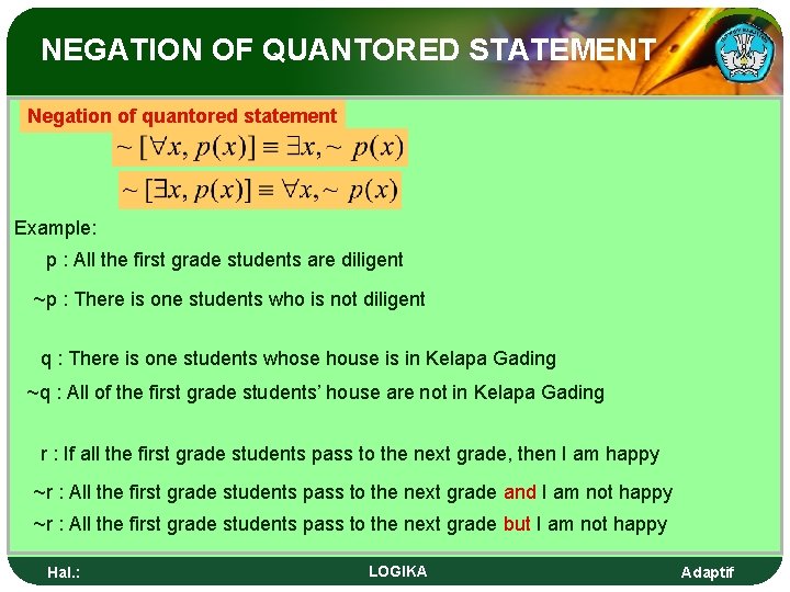 NEGATION OF QUANTORED STATEMENT Negation of quantored statement Example: p : All the first