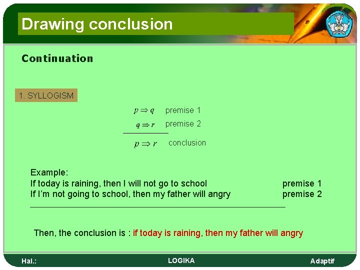Drawing conclusion Continuation 1. SYLLOGISM premise 1 premise 2 conclusion Example: If today is