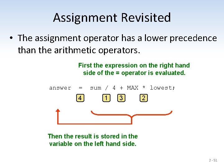 Assignment Revisited • The assignment operator has a lower precedence than the arithmetic operators.
