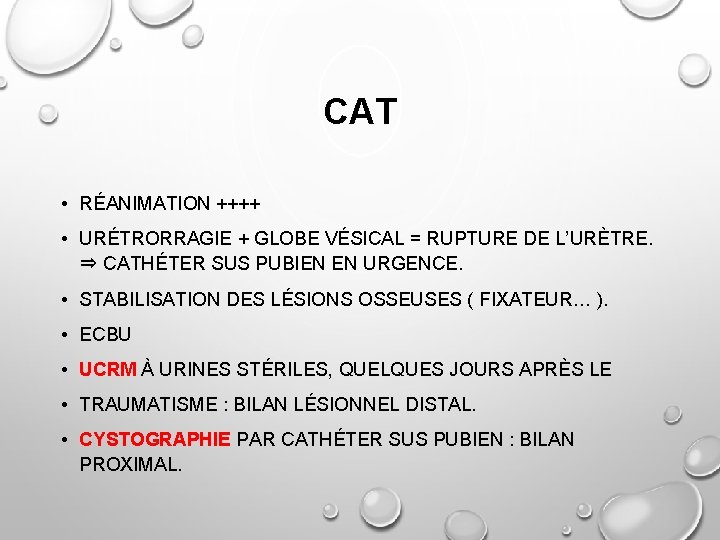 CAT • RÉANIMATION ++++ • URÉTRORRAGIE + GLOBE VÉSICAL = RUPTURE DE L’URÈTRE. ⇒