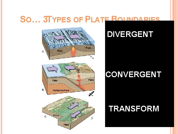 SO… 3 TYPES OF PLATE BOUNDARIES DIVERGENT CONVERGENT TRANSFORM 