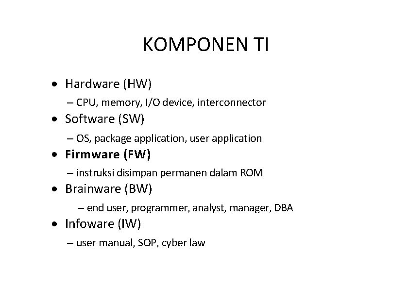 KOMPONEN TI · Hardware (HW) – CPU, memory, I/O device, interconnector · Software (SW)