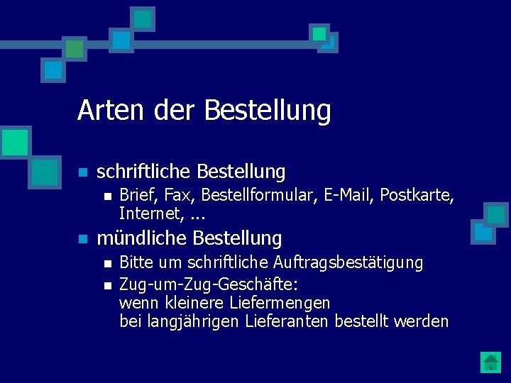 Arten der Bestellung n schriftliche Bestellung n n Brief, Fax, Bestellformular, E-Mail, Postkarte, Internet,