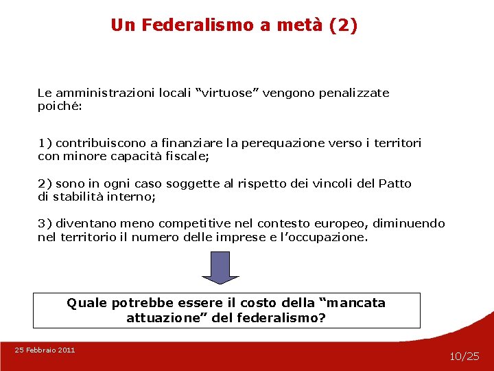 Un Federalismo a metà (2) Le amministrazioni locali “virtuose” vengono penalizzate poiché: 1) contribuiscono