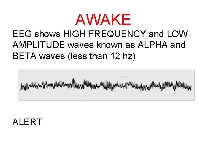 AWAKE EEG shows HIGH FREQUENCY and LOW AMPLITUDE waves known as ALPHA and BETA
