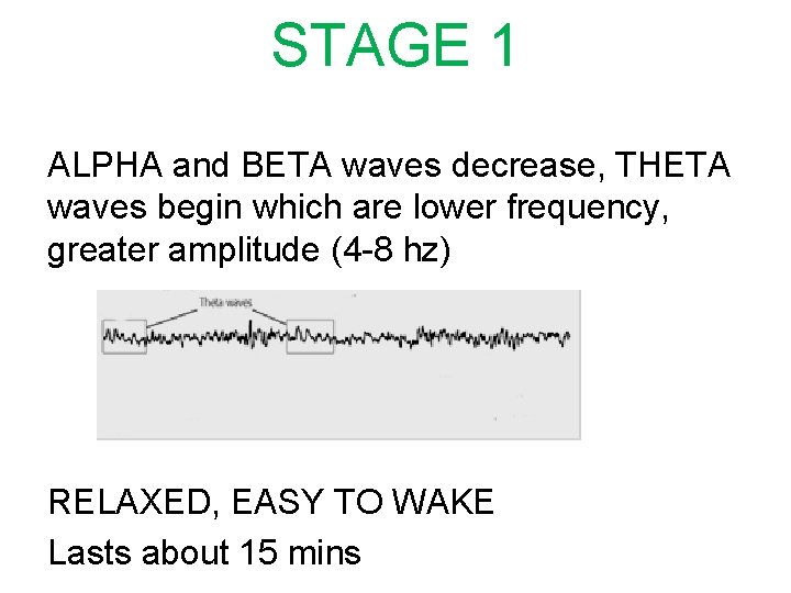 STAGE 1 ALPHA and BETA waves decrease, THETA waves begin which are lower frequency,
