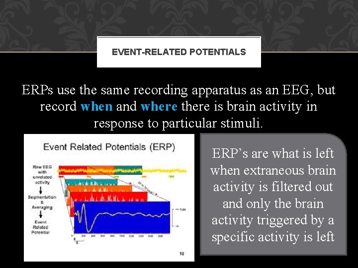 EVENT-RELATED POTENTIALS ERPs use the same recording apparatus as an EEG, but record when