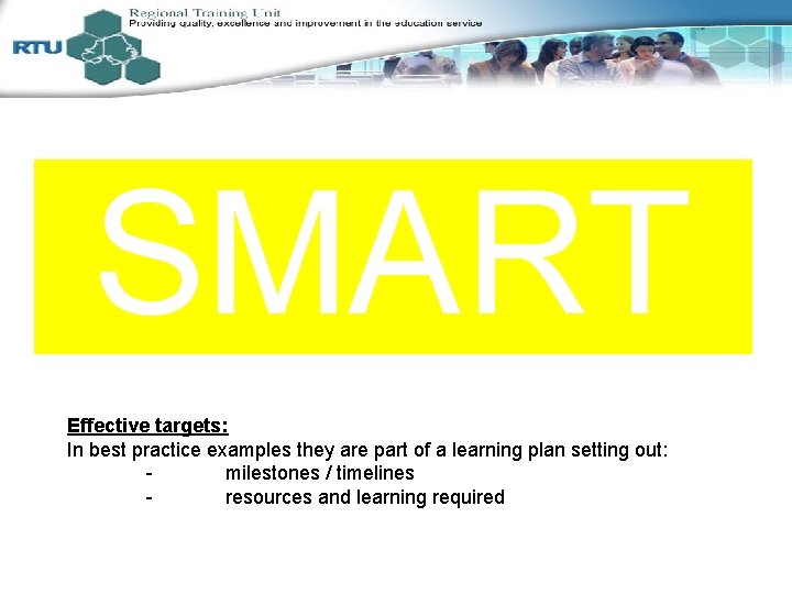 - SMART Are clear and concise At the right level of challenge Appropriate to