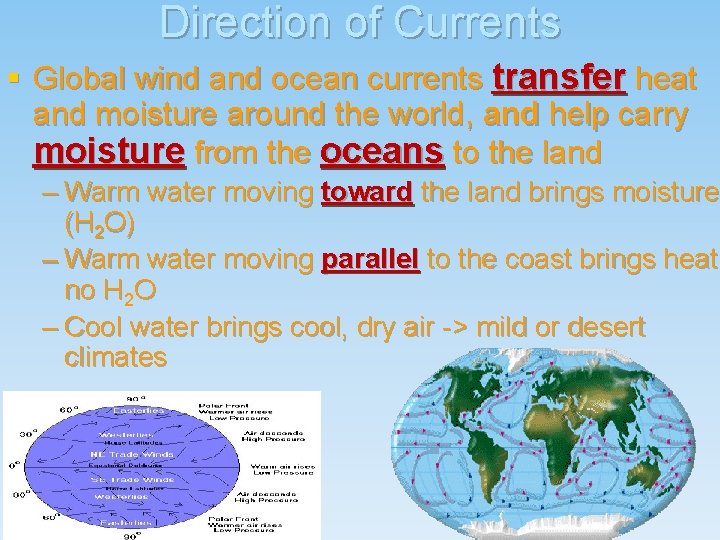 Direction of Currents § Global wind and ocean currents transfer heat and moisture around