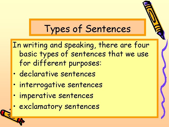 Types of Sentences In writing and speaking, there are four basic types of sentences