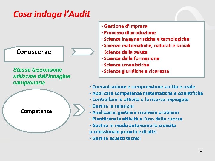 Cosa indaga l’Audit Conoscenze Stesse tassonomie utilizzate dall’Indagine campionaria Competenze - Gestione d’impresa -