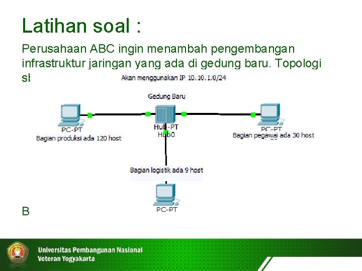 Latihan soal : Perusahaan ABC ingin menambah pengembangan infrastruktur jaringan yang ada di gedung