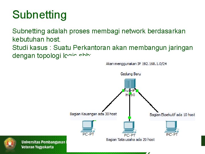 Subnetting adalah proses membagi network berdasarkan kebutuhan host. Studi kasus : Suatu Perkantoran akan