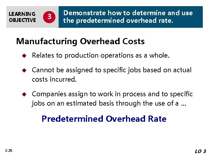 LEARNING OBJECTIVE 3 Demonstrate how to determine and use the predetermined overhead rate. Manufacturing