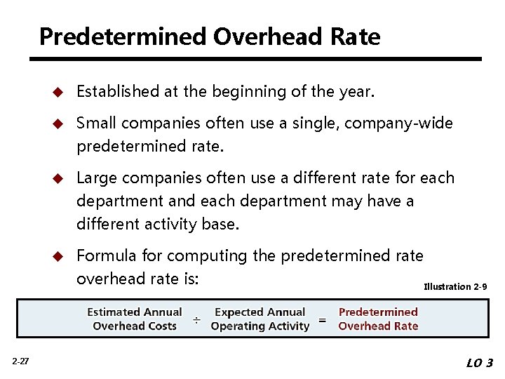 Predetermined Overhead Rate 2 -27 u Established at the beginning of the year. u